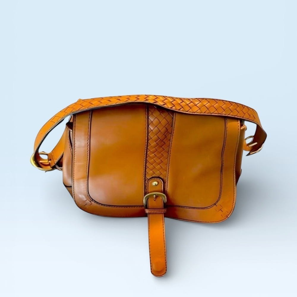 LL Bean Signature Tan Leather Shoulder Bag Braided Strap